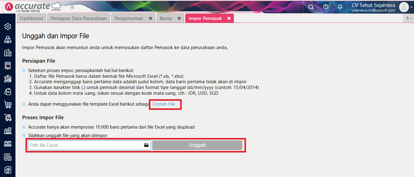 Cara melakukan impor data pemasok dari file excel